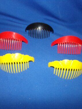 Vintage Set of 5 Large Plastic Hair Combs - Red, Yellow, Black - 5.5 Inches